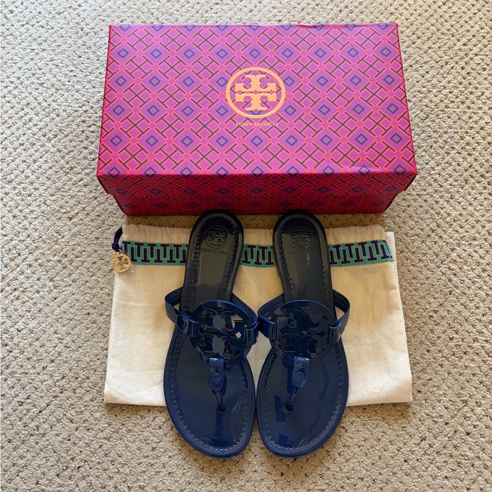 Tory Burch Patent Leather Miller Sandals in Bright Indigo, Size: 8